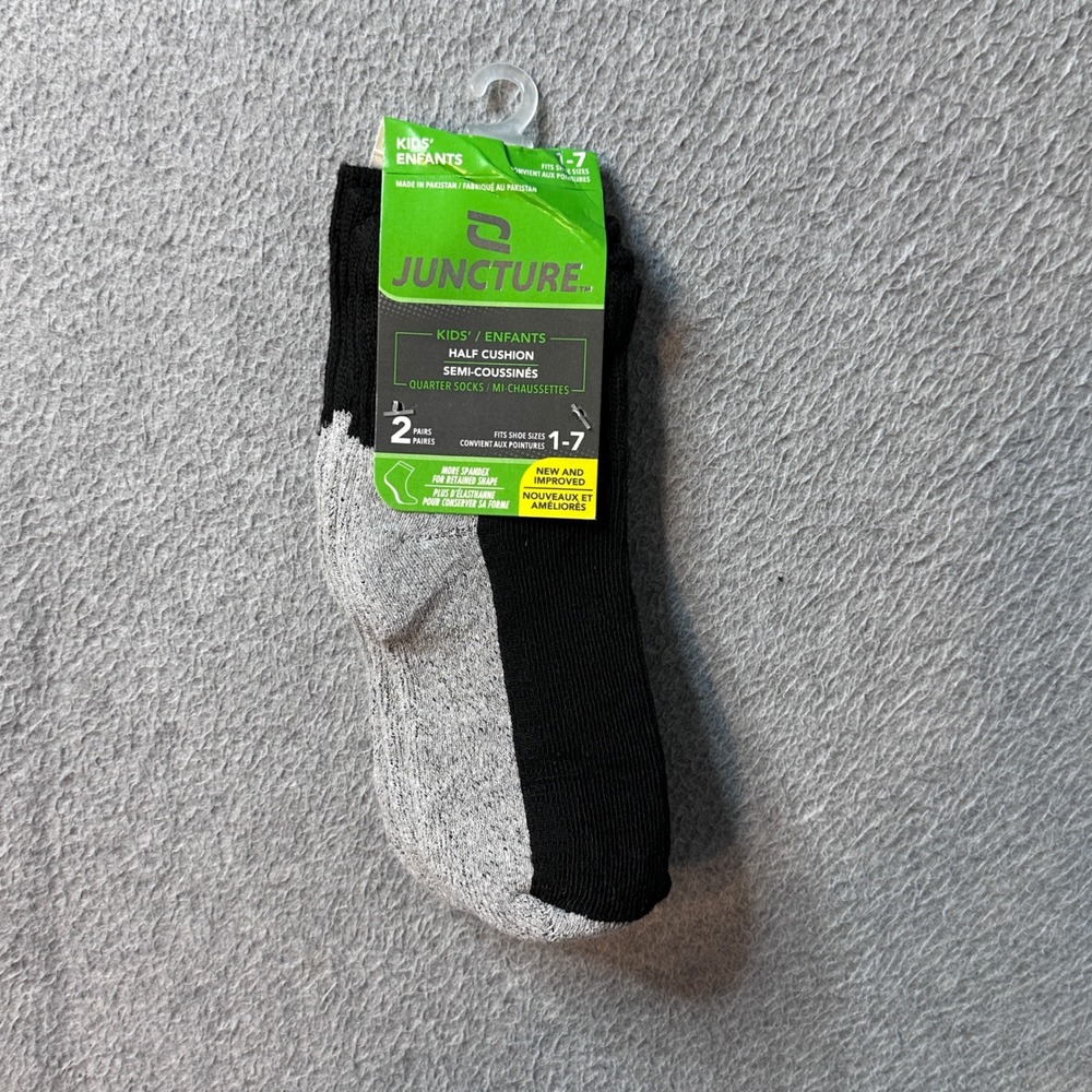 Juncture Quarter Socks Kids Size 1-7 Black Grey 2 Pairs Half Cushion Athletic‎